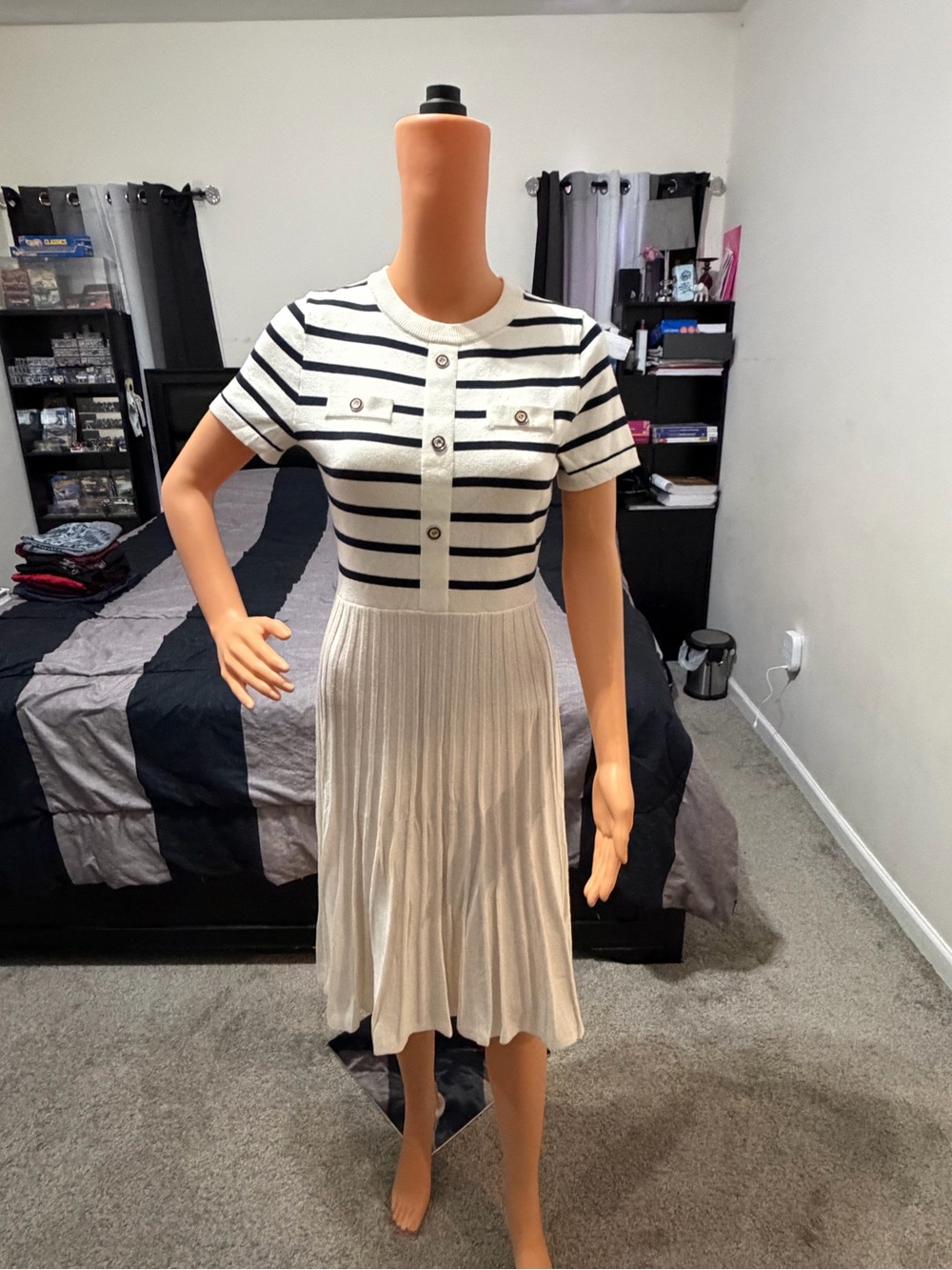 Zesica Casual striped Button Ribbed Knot Midi Dress NWT Size S